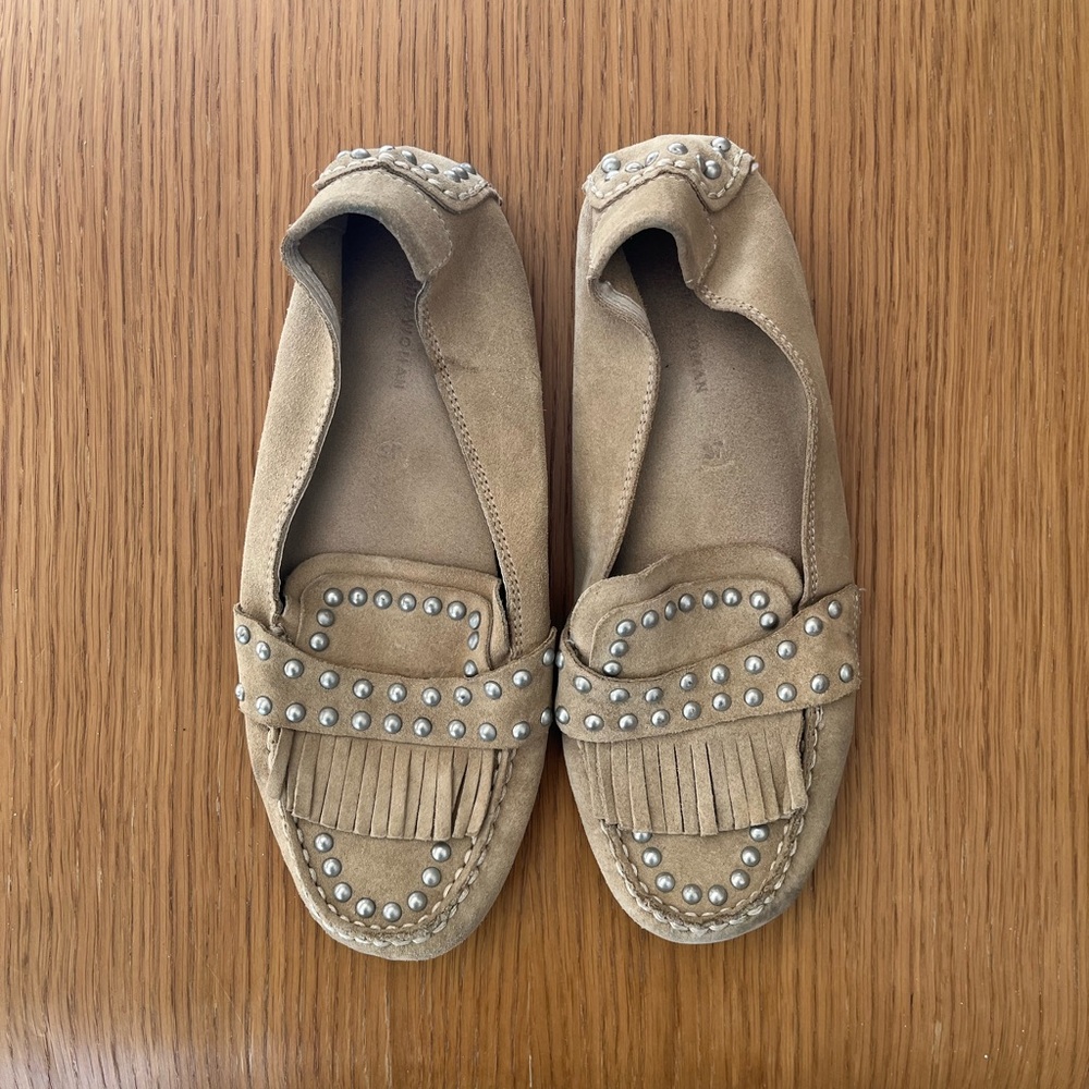 Zara Tan/Beige Suede Loafers with Silver Studs